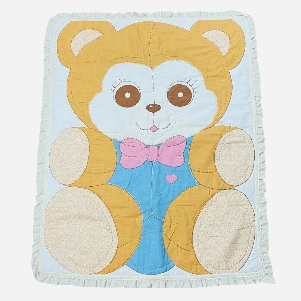 Vintage Quilted Teddy Bear Lace Trim Blanket 46 x 35 Nursery Baby Cute Kawaii -